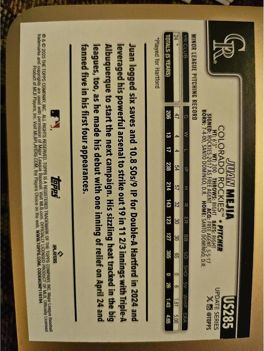 Juan Mejia (RC) 2025 Topps Update - #US285 - Rockies - RAW Mint - Picture 2 of 2
